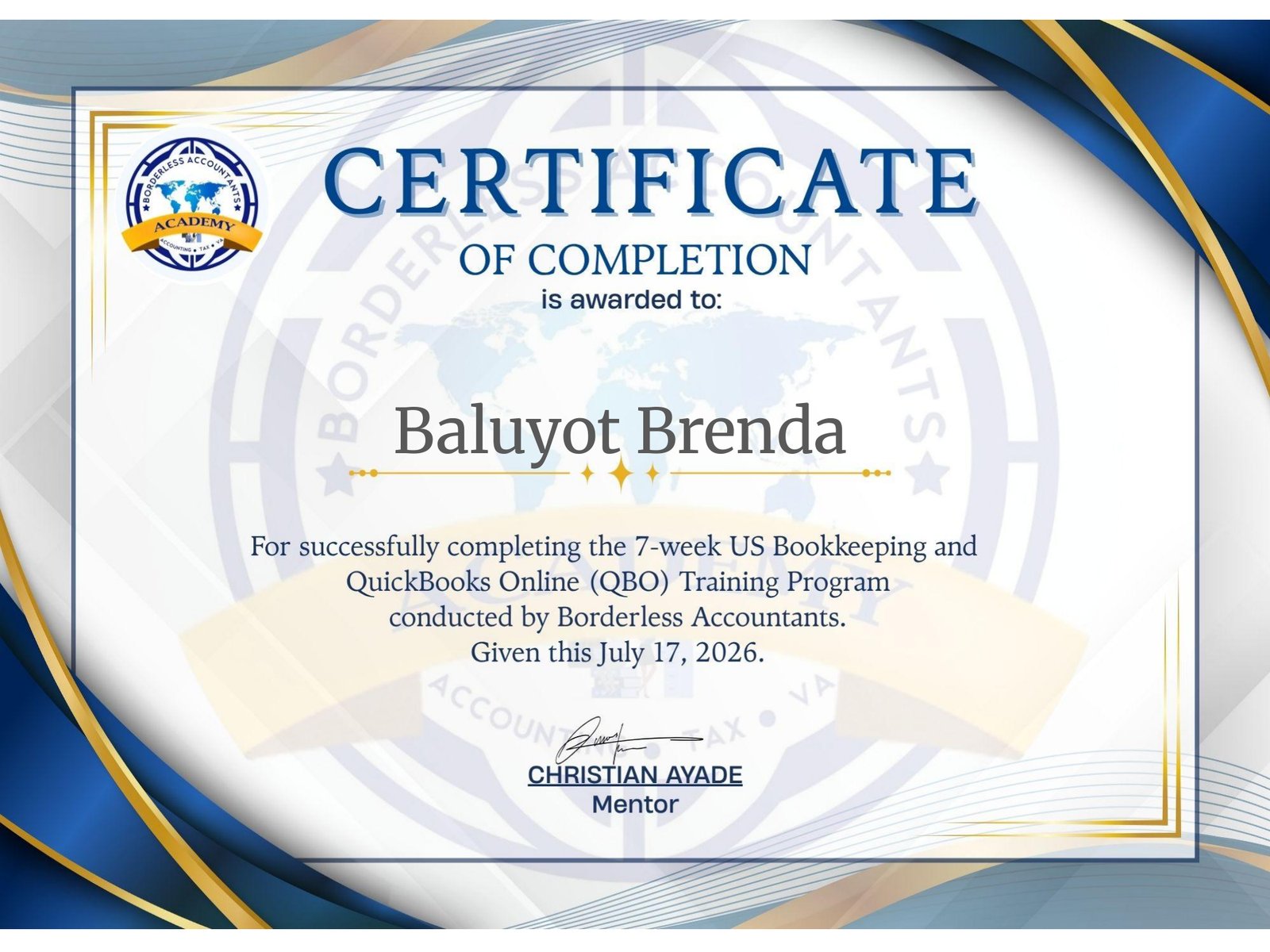 US Bookkeeping and QuickBooks Online Training certificate