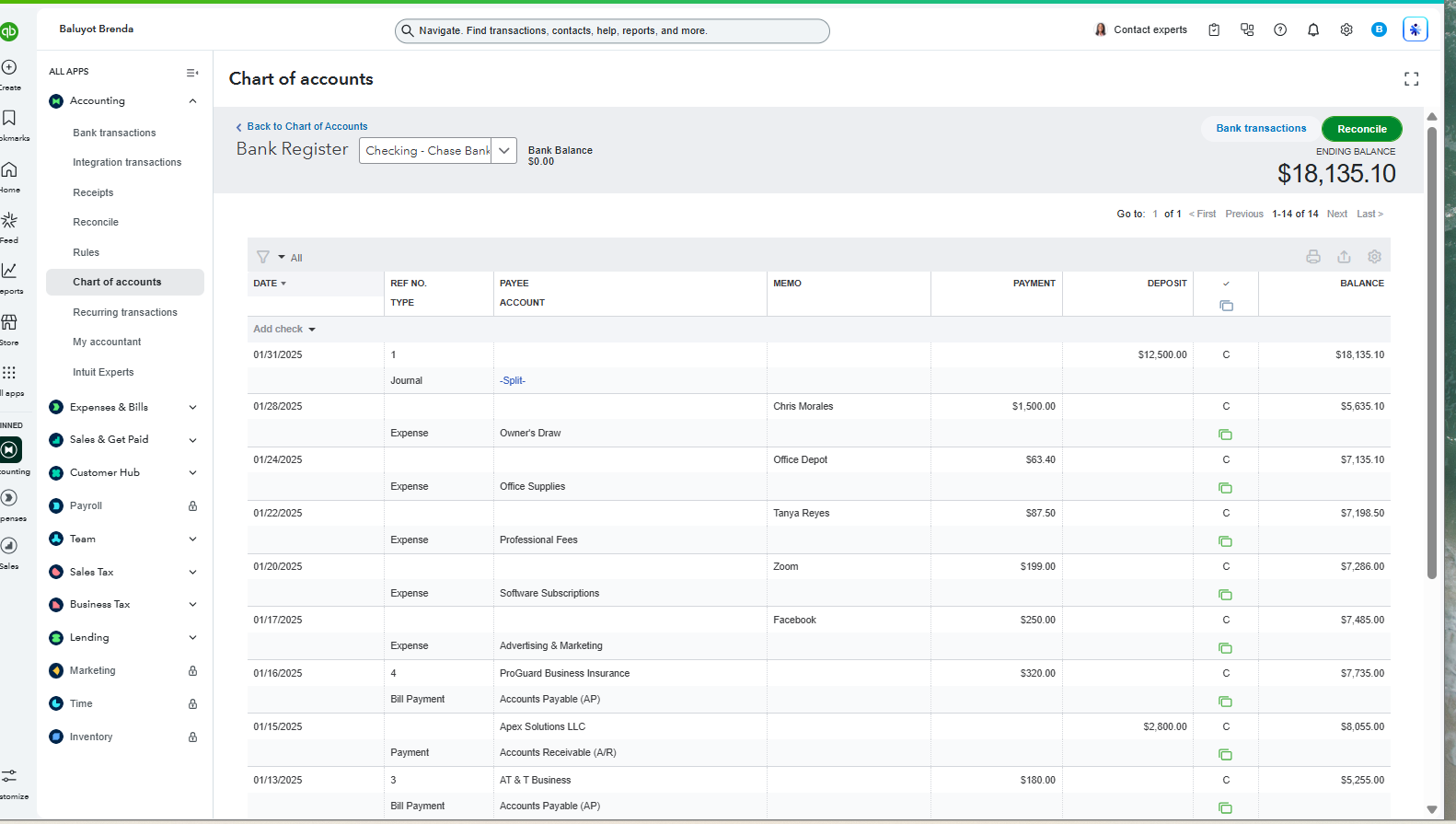 Categorized bank register in QuickBooks Online