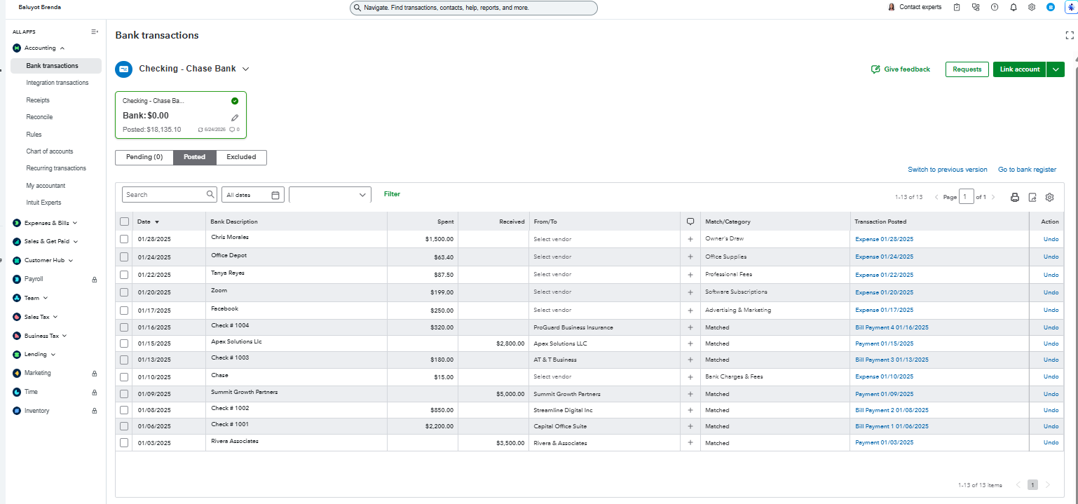 Matched and categorized bank transactions in QuickBooks Online