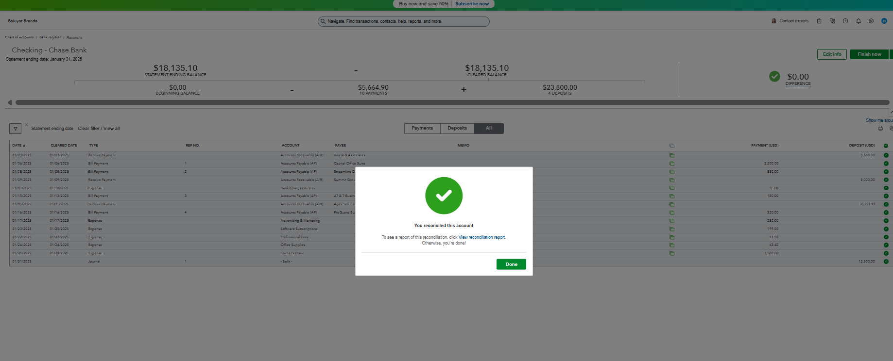 Bank reconciliation in progress in QuickBooks Online