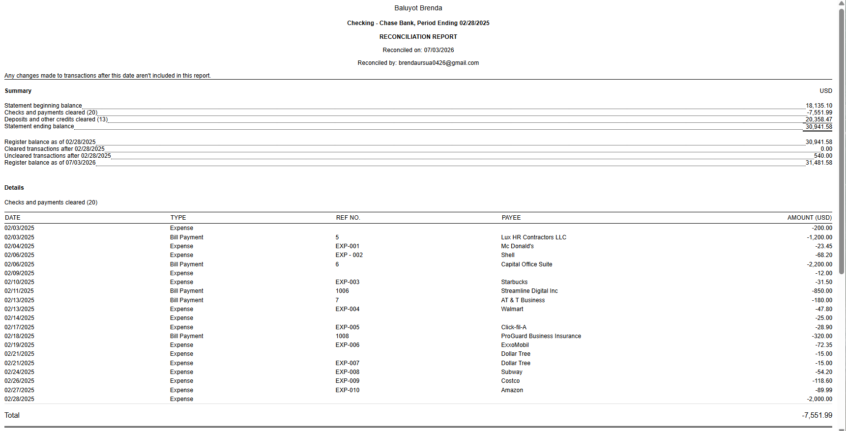 Completed reconciliation report in QuickBooks Online